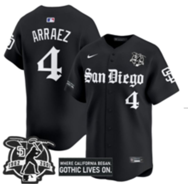 Men 2025 San Diego Padres 4 Arraez Black Five generations Joint Name Nike MLB Jersey style 11